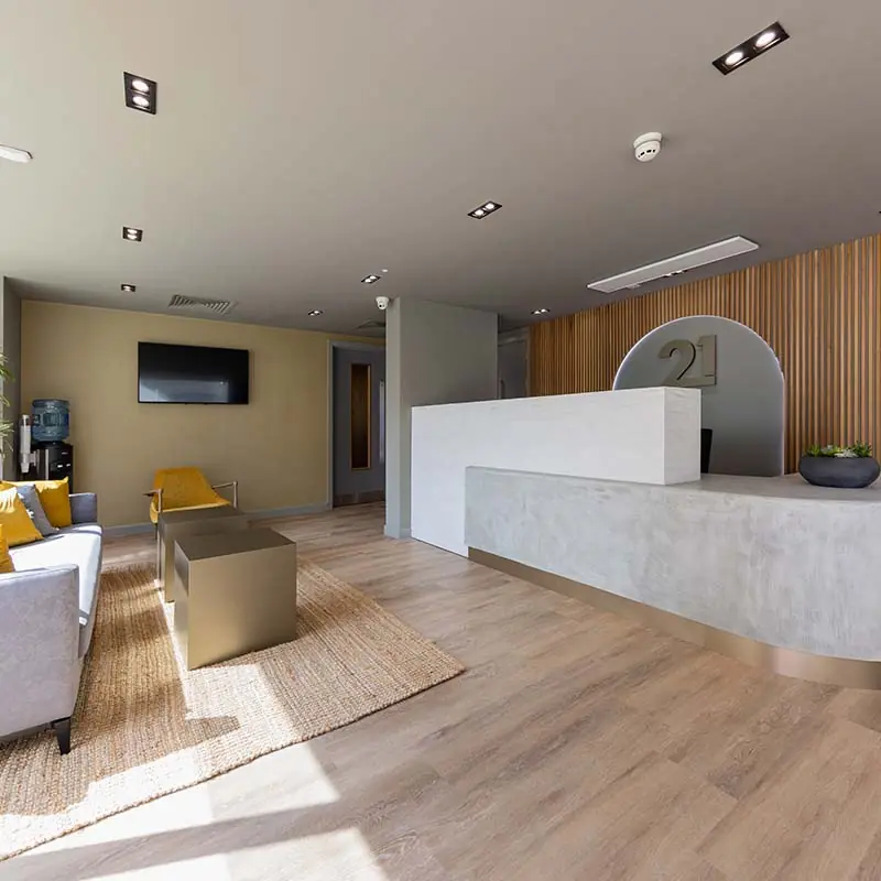 A reception we look after, with seating and a feature wall